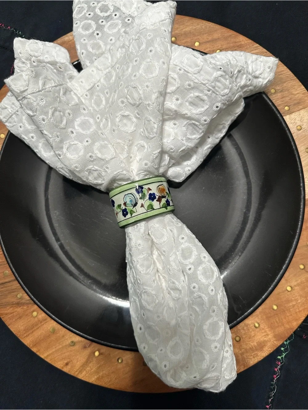 Ceramic Floral Napkin Ring - White & Multi Accent